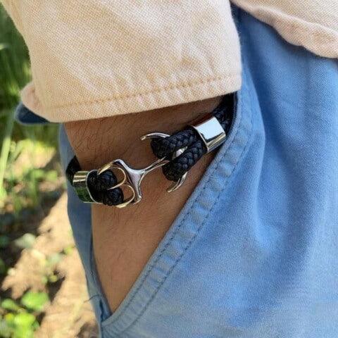 Black Anchor Braided Leather Bracelet