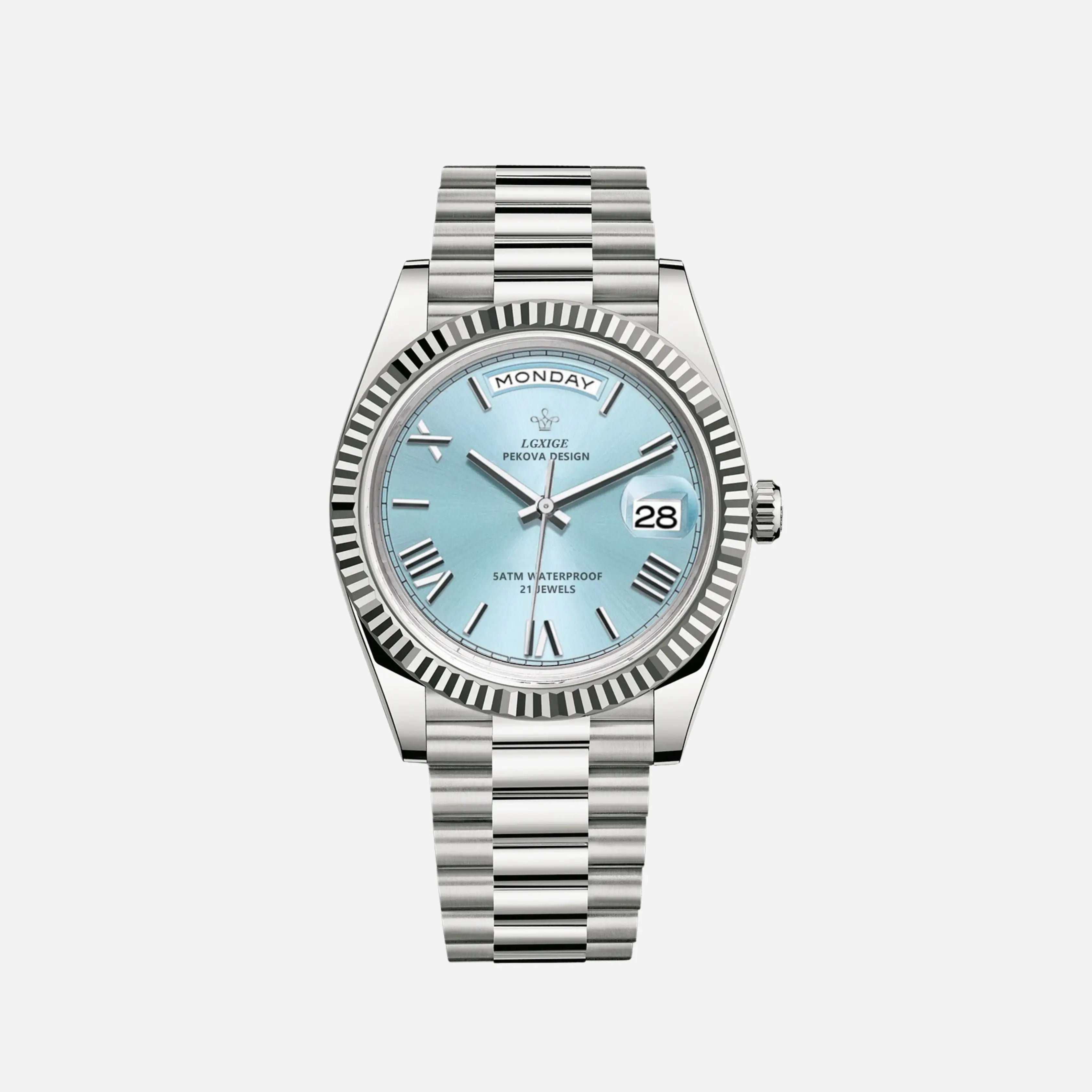 Silberstahl Uhr Dunkelblaues Zifferblatt Römischer Ziffern Tag Datum