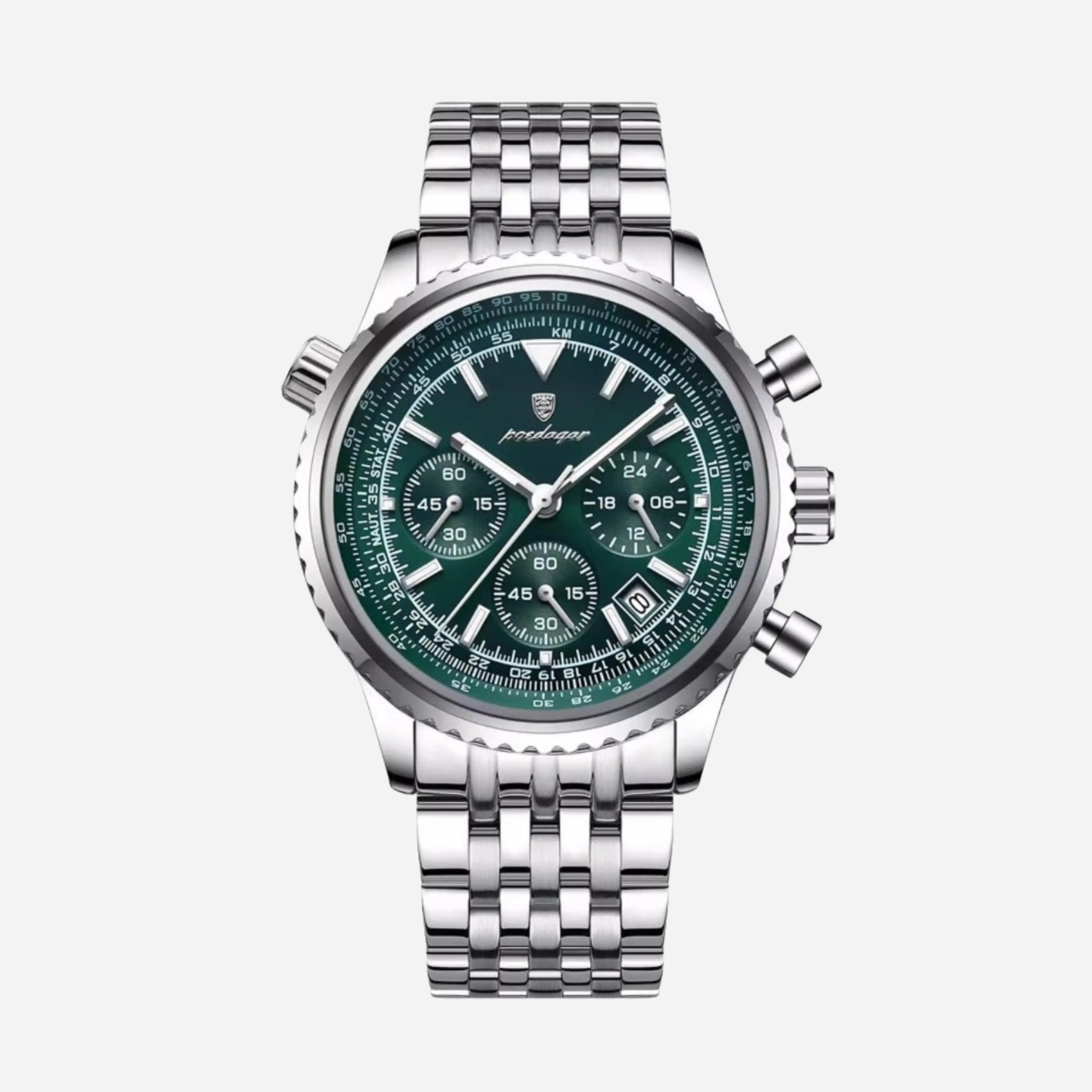 Silberstahl Chronograph Watch Green Pilot Zifferblatt