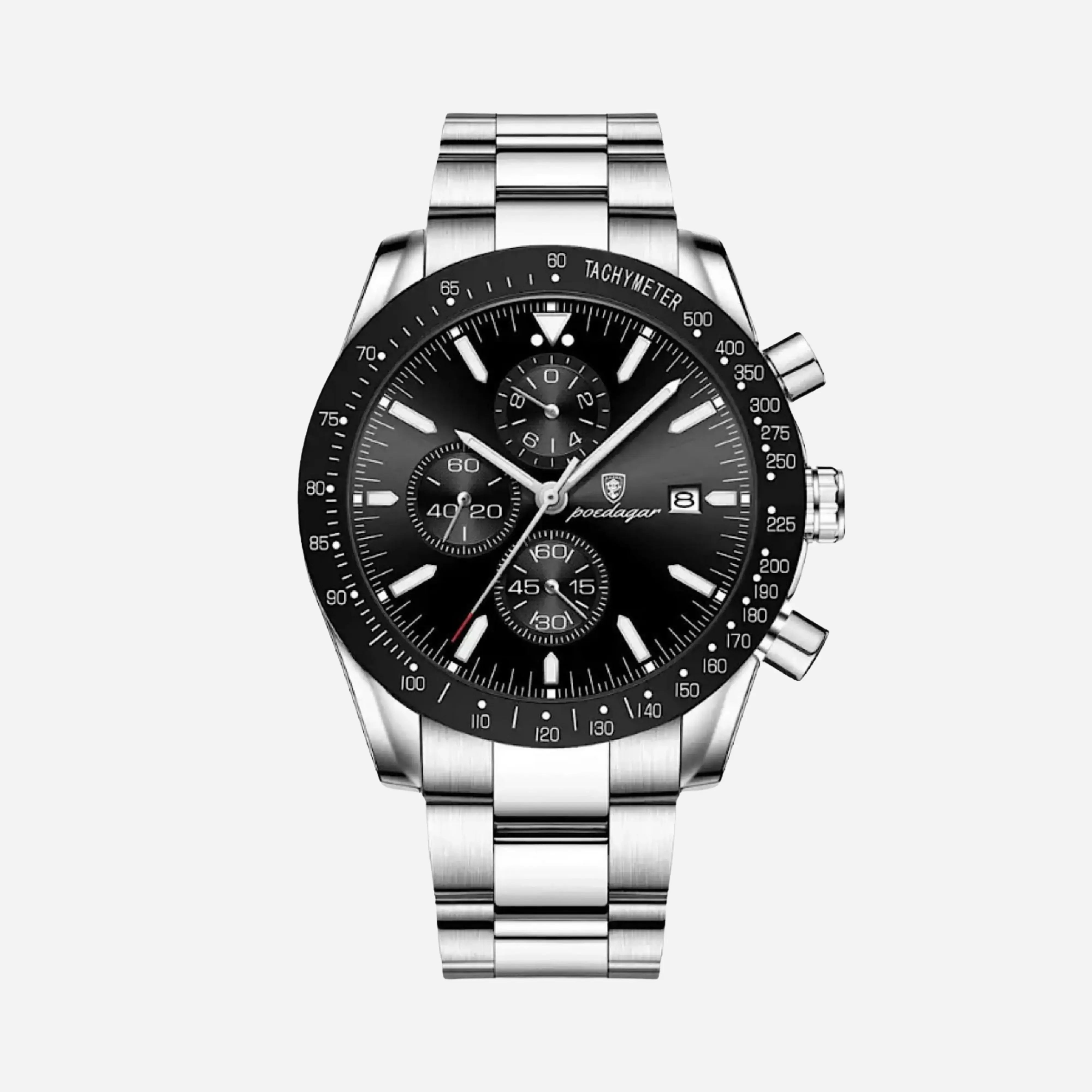 Silberstahl Chronographen Uhr Schwarzes Zifferblatt