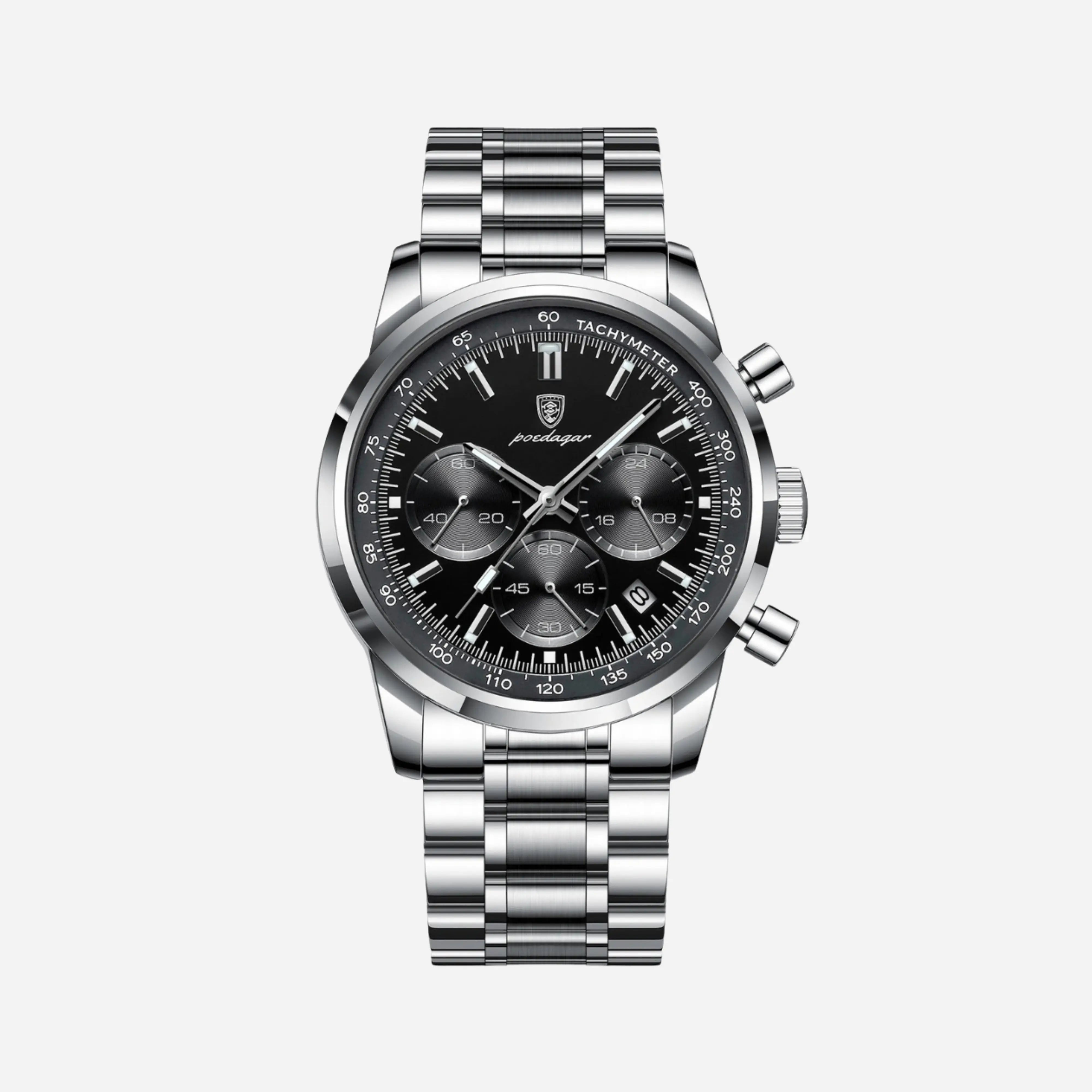 Silberstahl Chronographen Uhr Schwarzes Zifferblatt