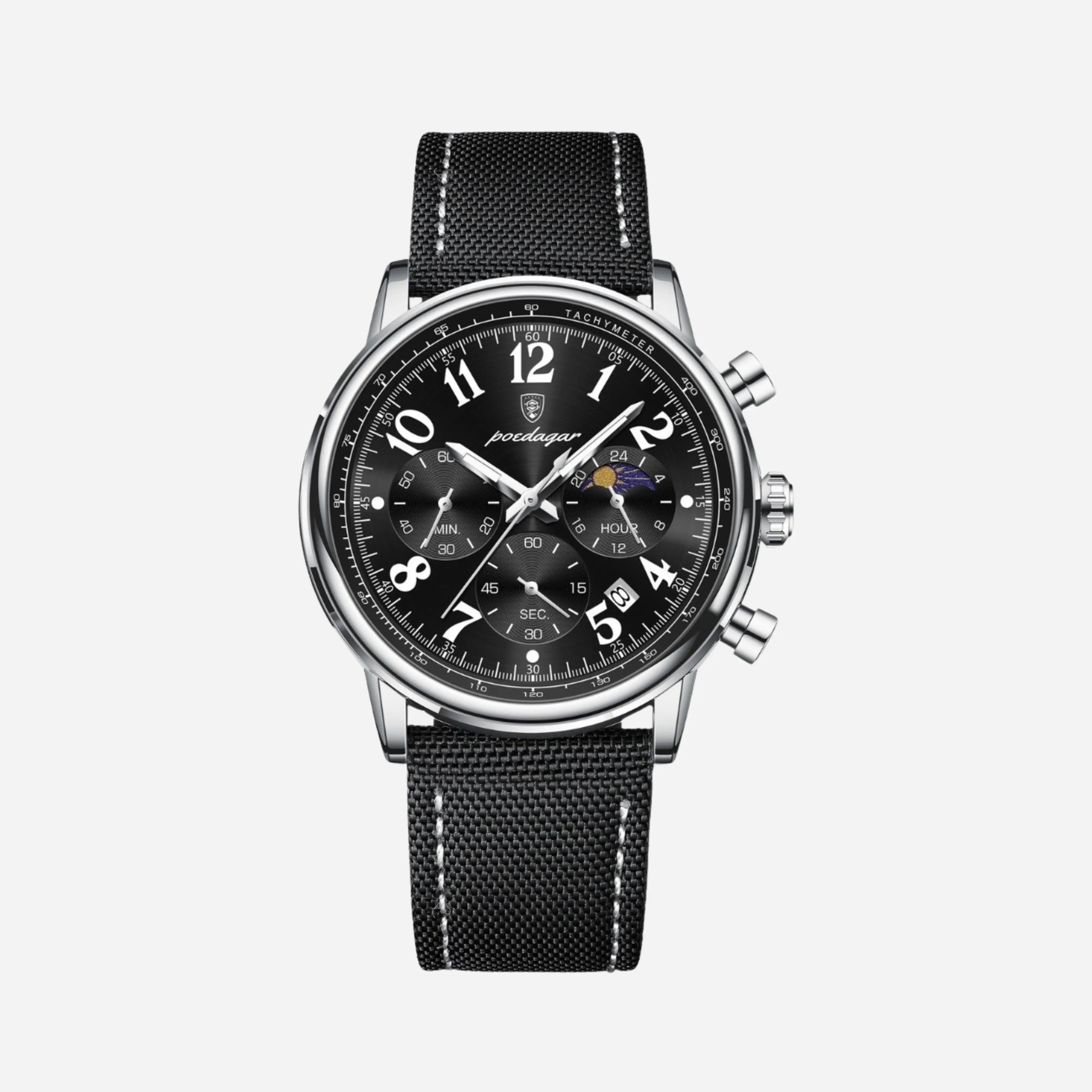 Silberstahl Chronographen Schwarzes Zifferblatt Canvas -Riemen