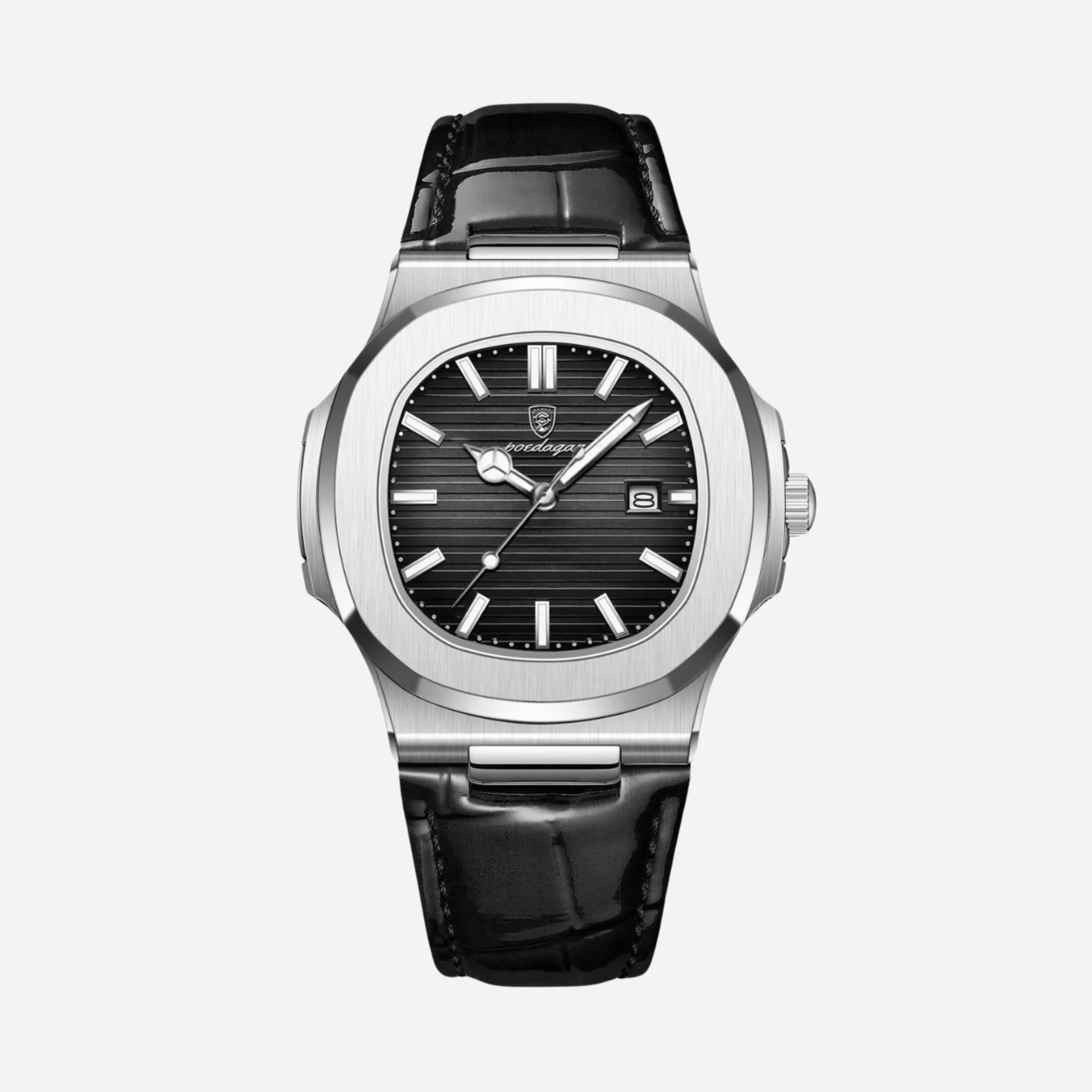Silberstahl Uhr Dunkelblau strukturiertes Zifferblatt Blau Lederband