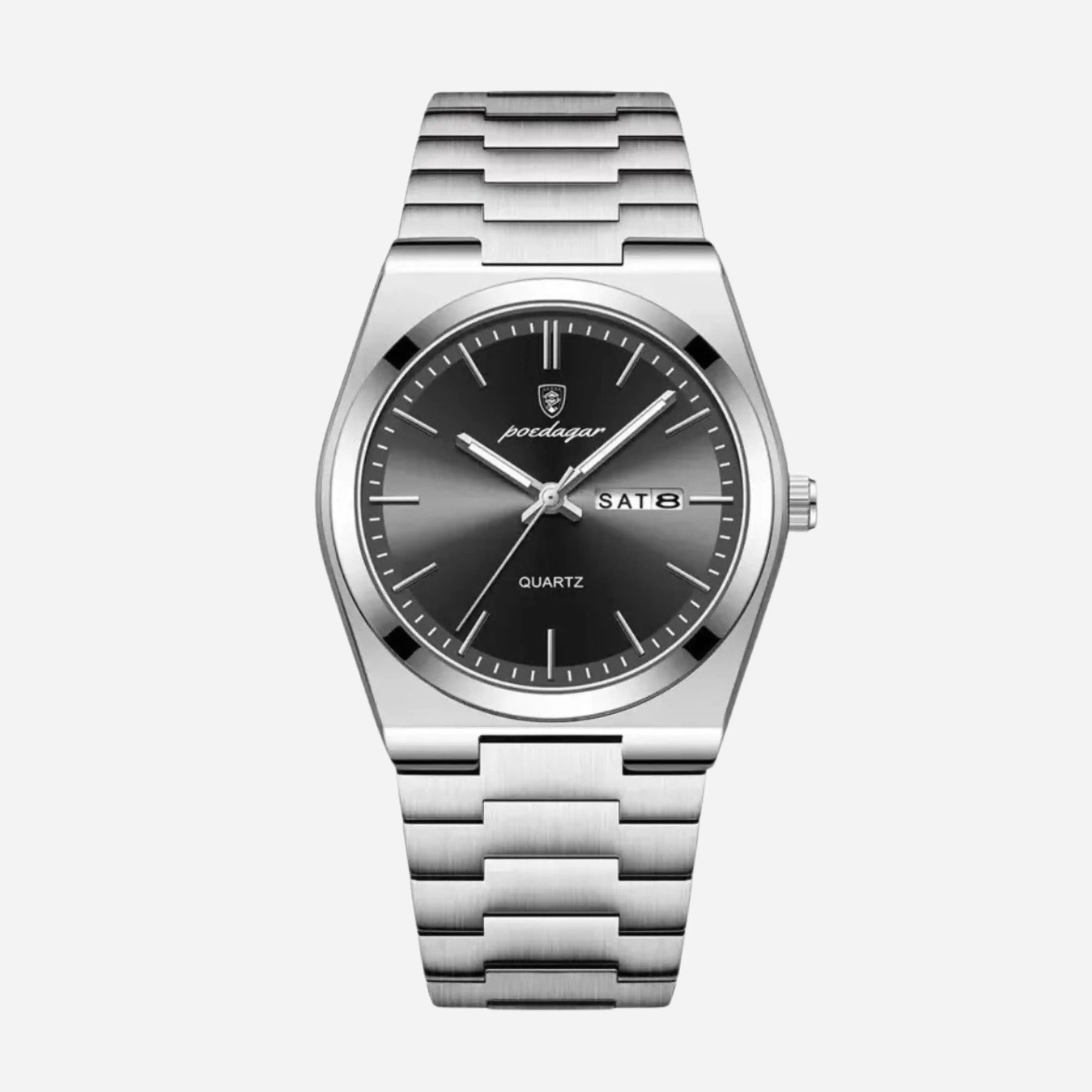 Silberstahl Uhr Schwarzes Dial Day Datum