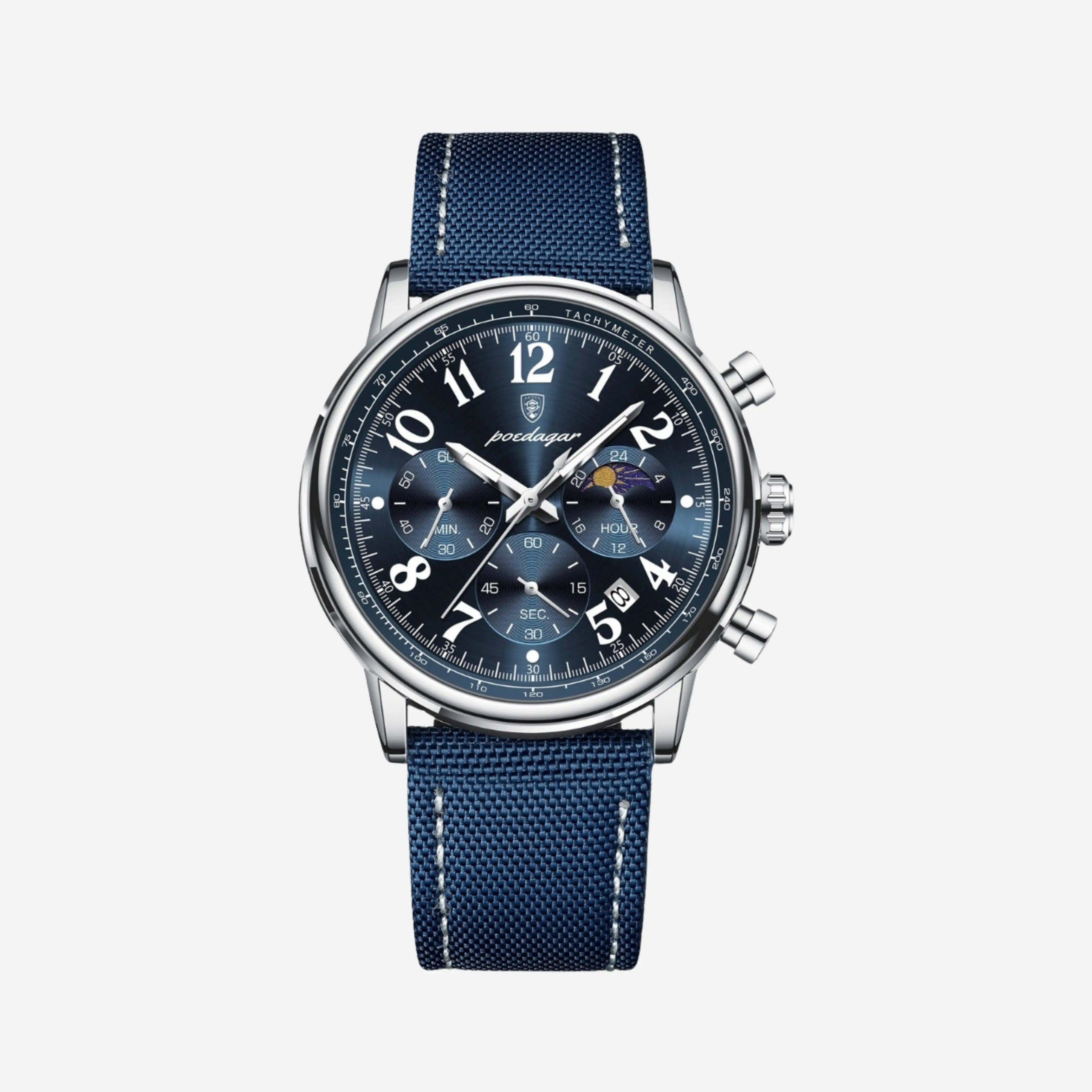 Silberstahl Chronographen Schwarzes Zifferblatt Canvas -Riemen