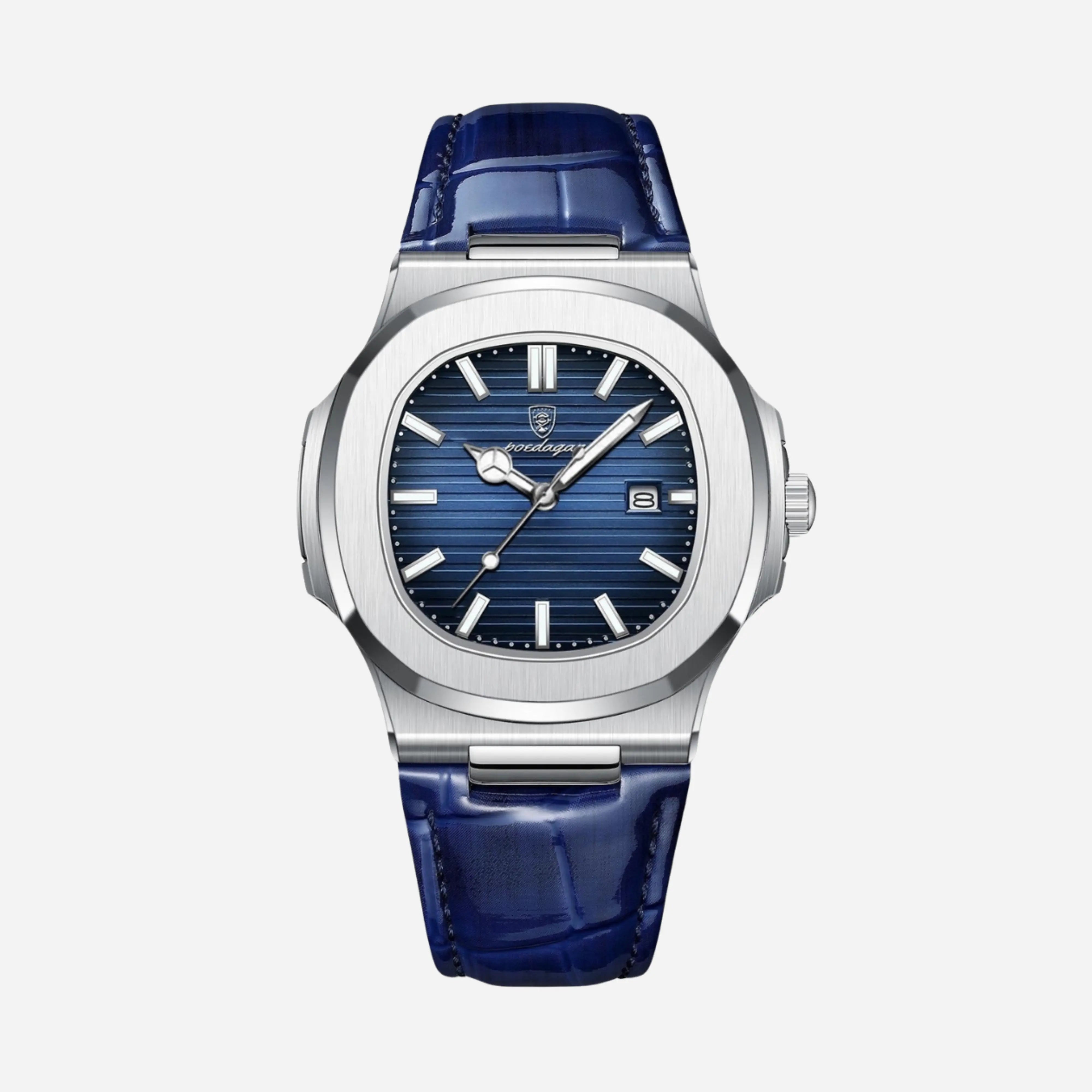 Silberstahl Uhr Dunkelblau strukturiertes Zifferblatt Blau Lederband