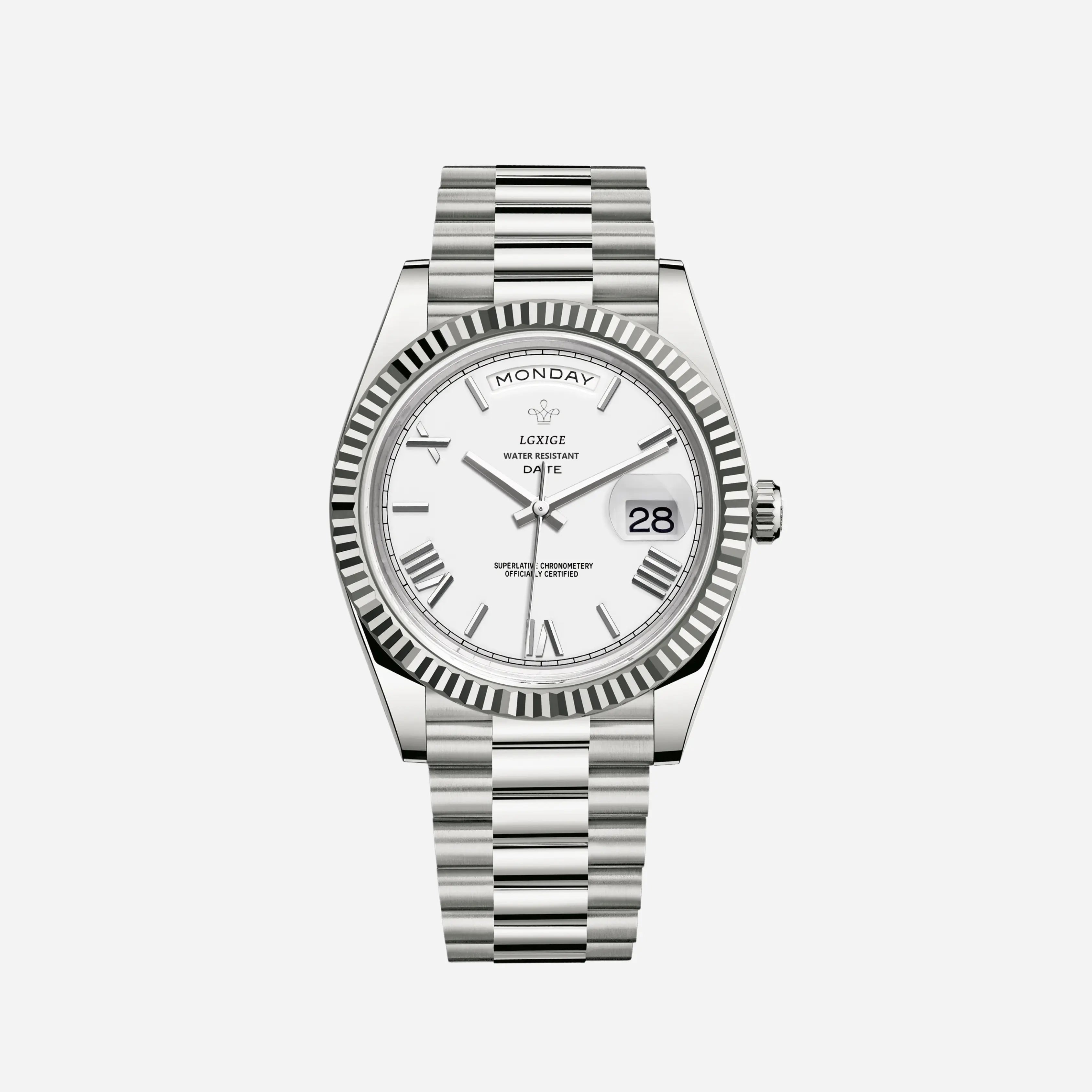 Silberstahl Uhr Schwarzes Zifferblatt Römischer Ziffern Tag Datum