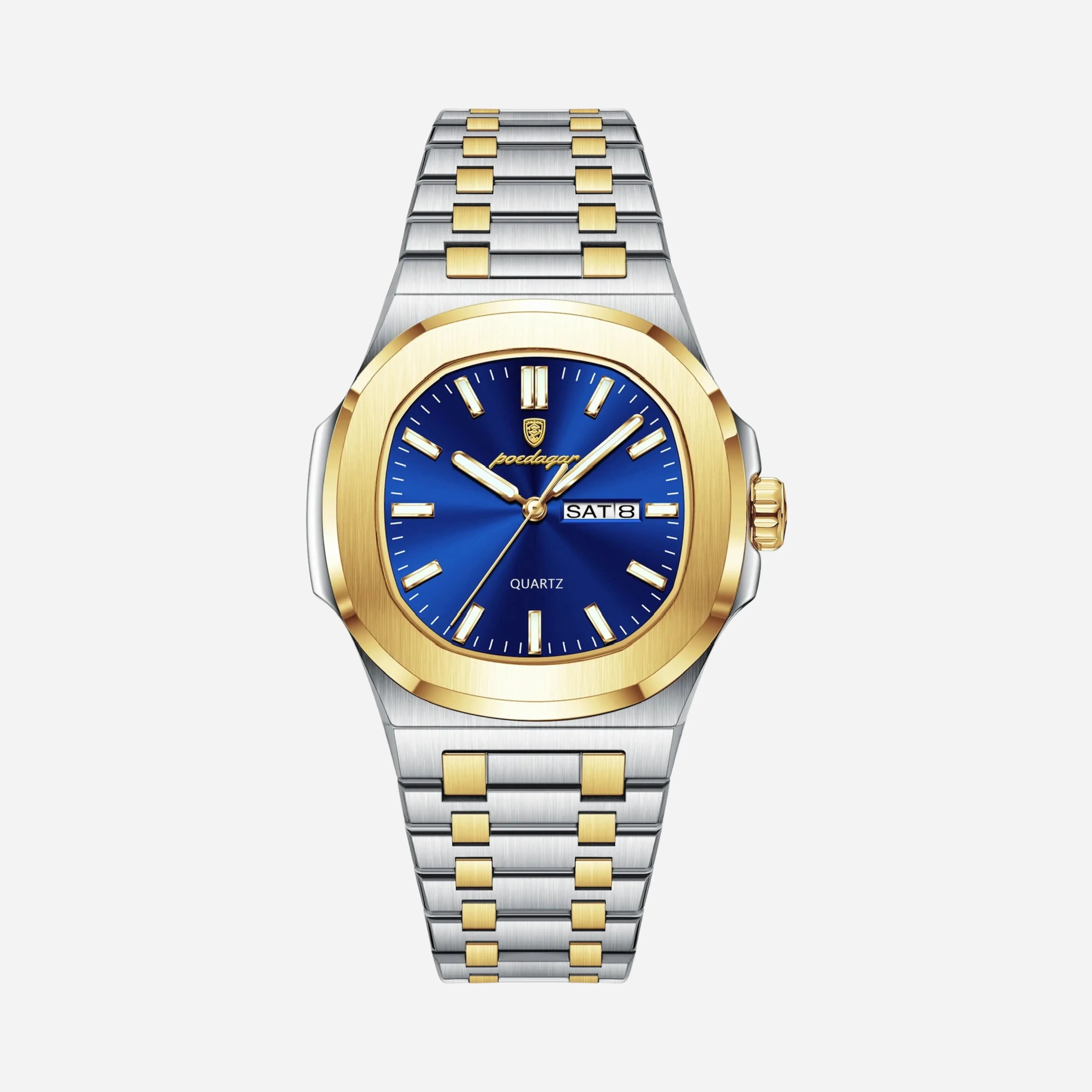 Silberstahl Uhr Dunkelblaues Zifferblatt integriertes Armband