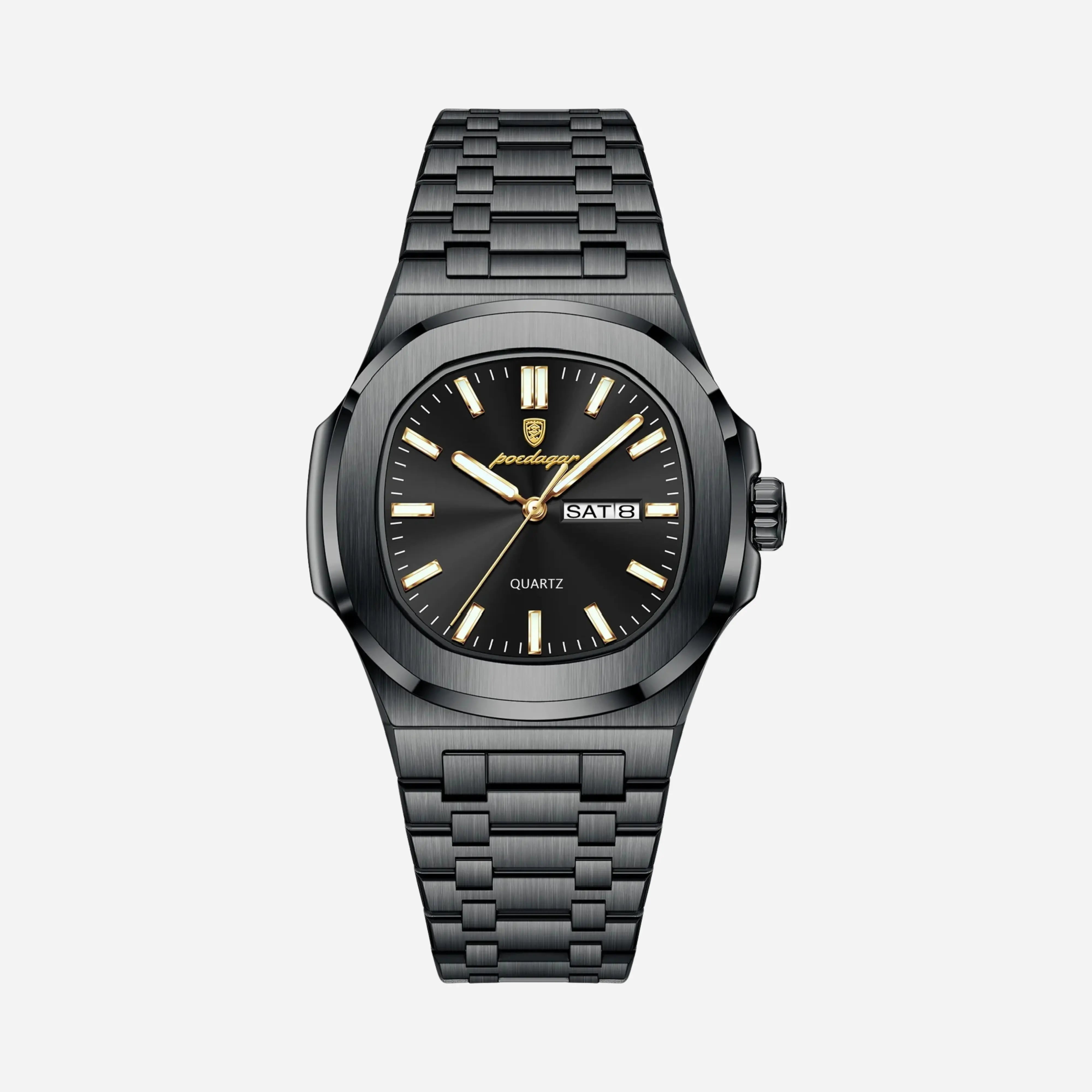 Schwarzes Stahl Uhr Schwarzes Zifferblatt integriertes Armband