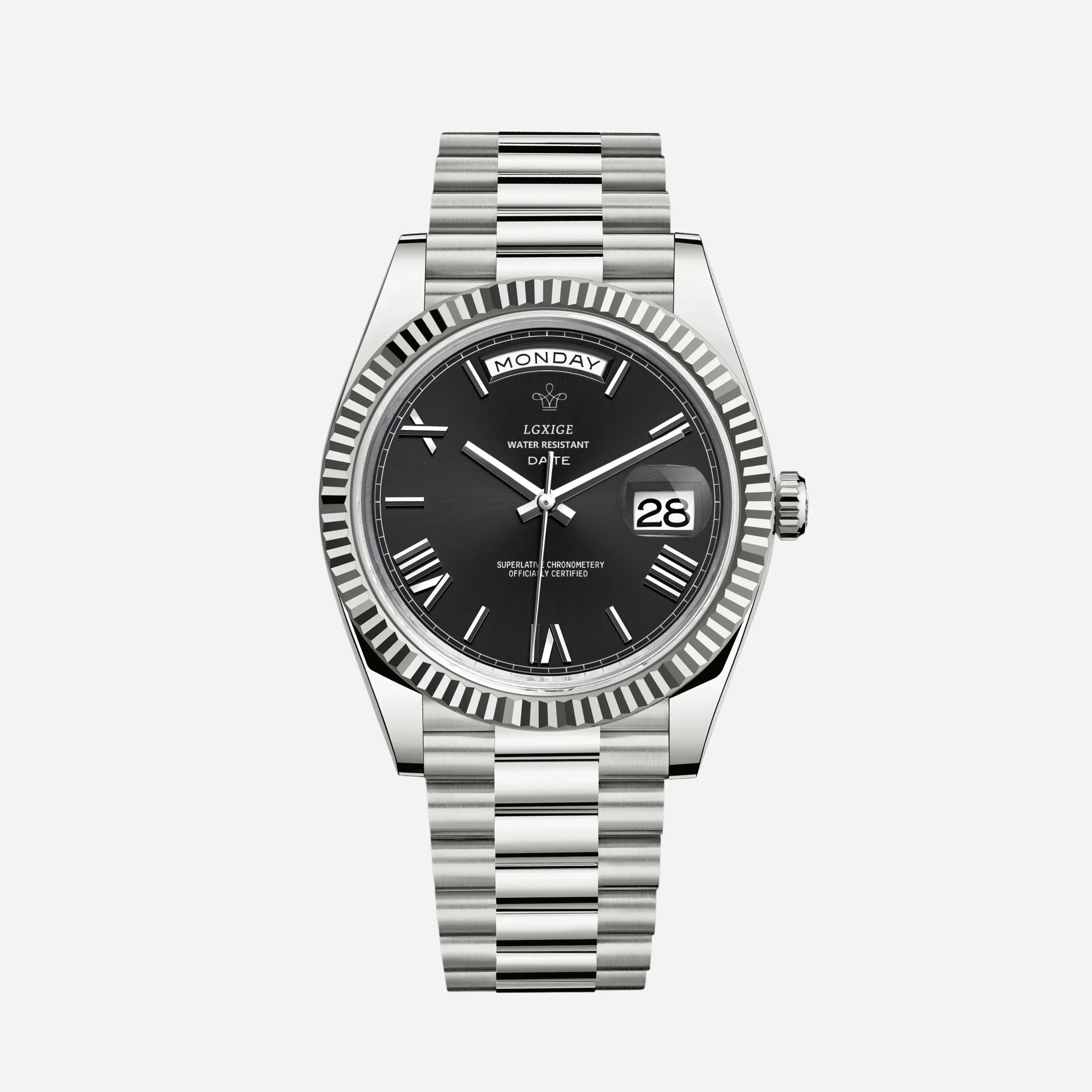 Silberstahl Uhr Schwarzes Zifferblatt Römischer Ziffern Tag Datum