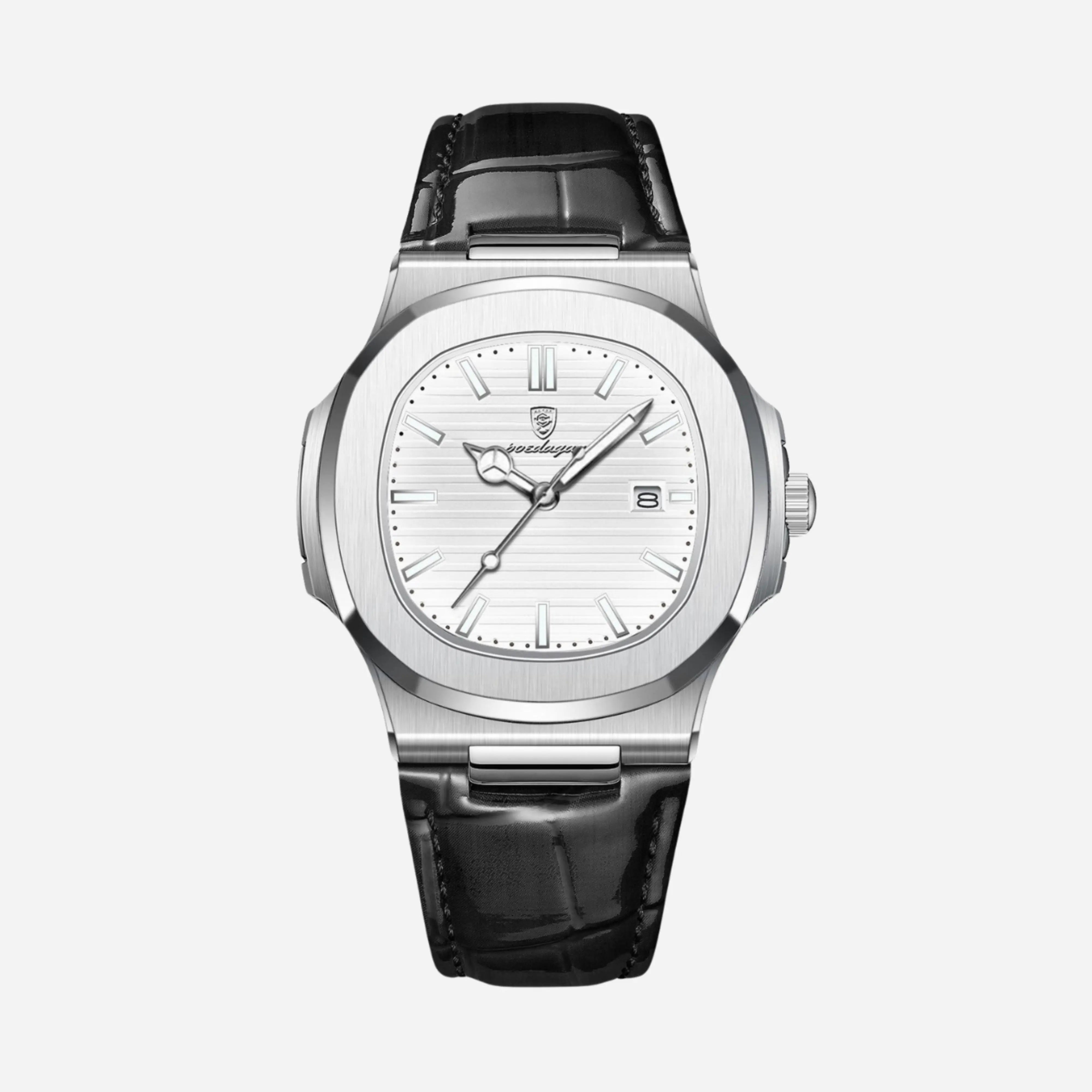 Silberstahl Uhr Schwarzes strukturiertes Zifferblatt schwarzes Lederband