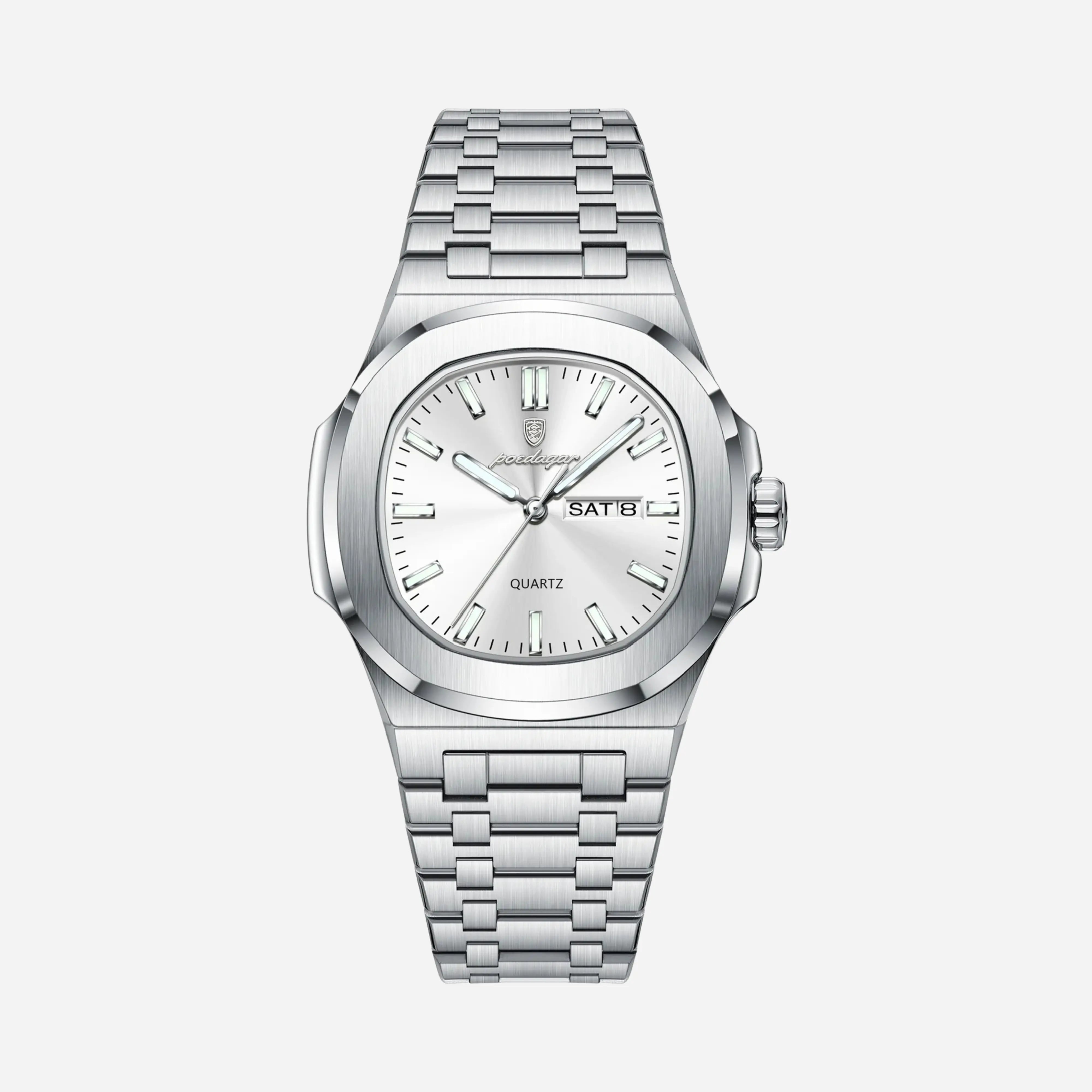 Silberstahl Uhr Dunkelblaues Zifferblatt integriertes Armband