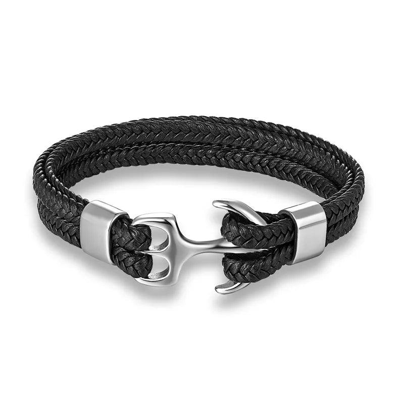 Black Anchor Braided Leather Bracelet