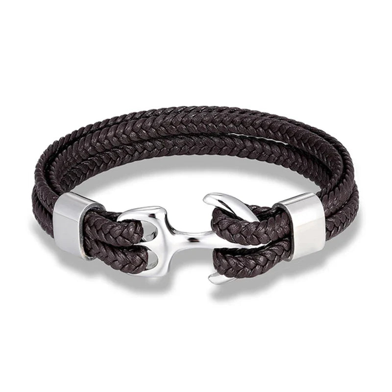 Brown Anchor Braided Leather Bracelet