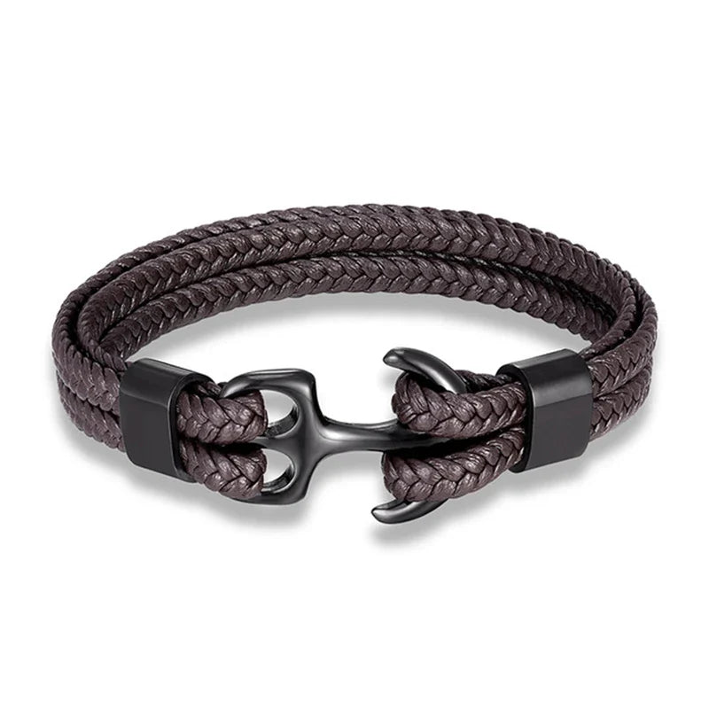 Brown Anchor Braided Leather Bracelet