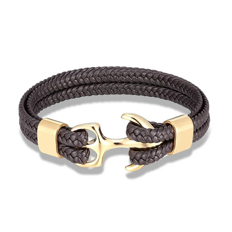 Brown Anchor Braided Leather Bracelet