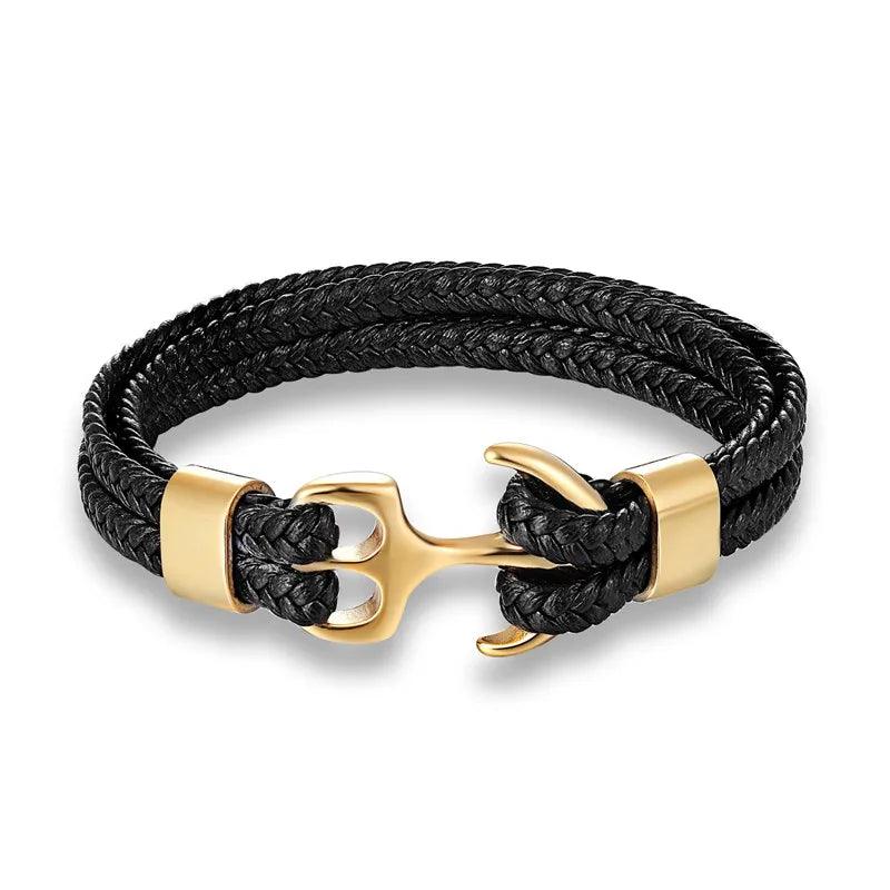 Black Anchor Braided Leather Bracelet
