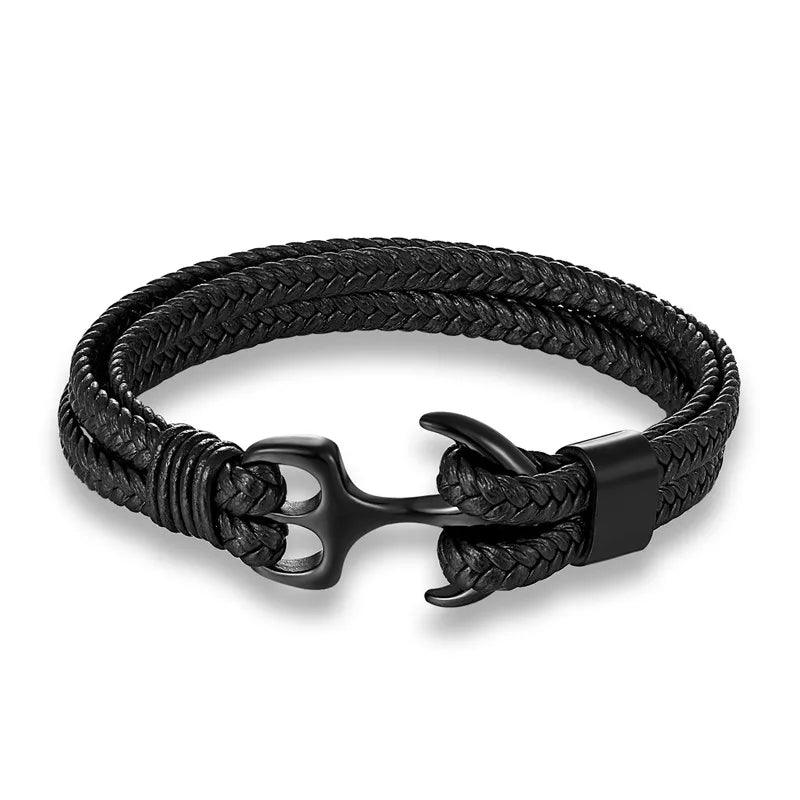 Black Anchor Braided Leather Bracelet