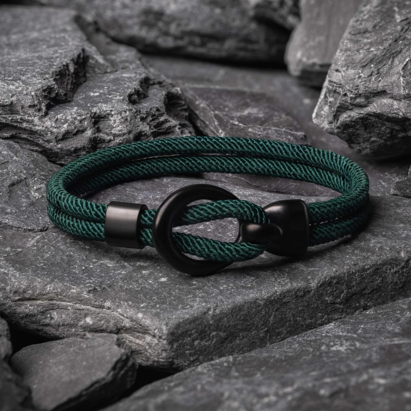 Dark Green Rope Bracelet with Black Nautical Clasp
