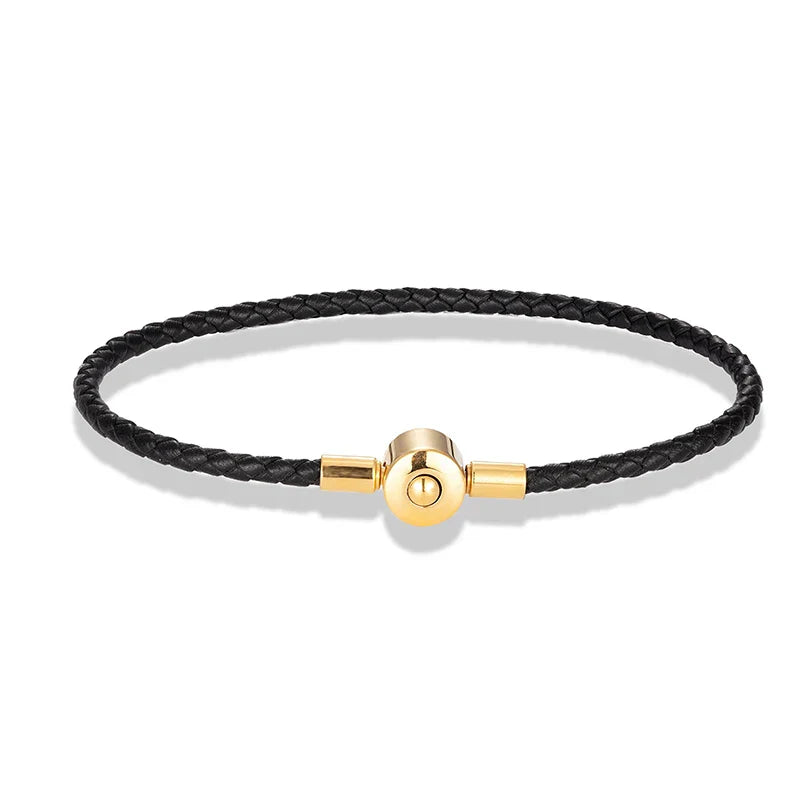 Black Braided Leather Bracelet with Gold Clasp