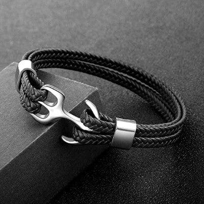 Black Anchor Braided Leather Bracelet